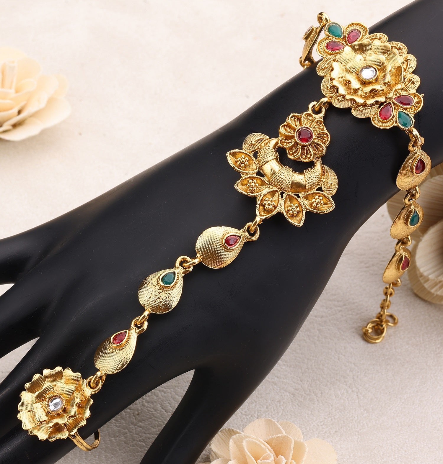 Buy New Gold Hand Bracelet with Attached Finger Ring Panja Design for Girls
