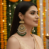 Tessara Antique Gold-Plated Kundan & Pearl Chandelier Earrings with Bottle Green Beads