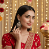 Tessara Silver-Plated Kundan Teardrop Earrings with Mehendi Green Beaded Fringe