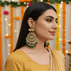 Tessara Antique Gold-Plated Kundan & Pearl Chandelier Earrings with Bottle Green Beads