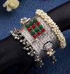 Oxidised Cuff Bracelet Bangle with Red & Green Stone