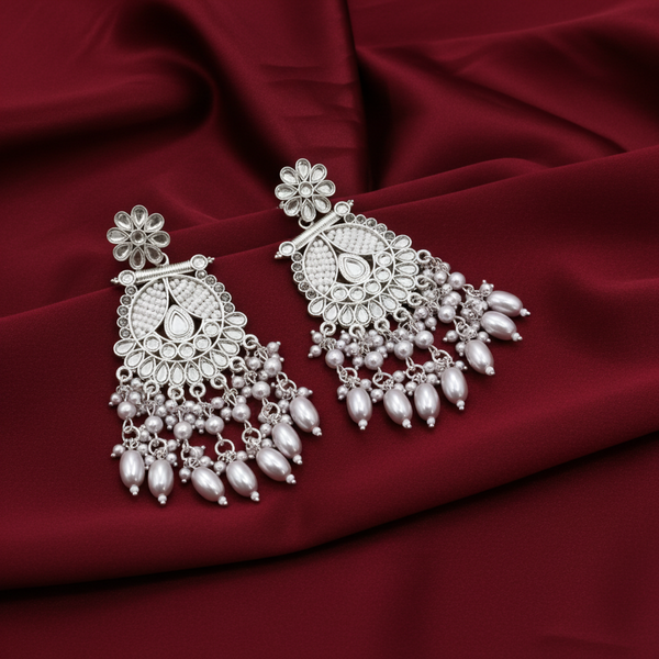 Tessara Silver-Plated Kundan & Pearl Drop Earrings in White