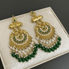 Tessara Antique Gold-Plated Kundan & Pearl Chandelier Earrings with Bottle Green Beads
