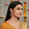 Tessara Silver-Plated Kundan Drop Earrings with Carved Rani Pink Stone