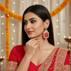 Tessara Silver-Plated Kundan Drop Earrings with Carved Rani Pink Stone