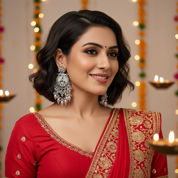 Tessara Silver-Plated Kundan & Pearl Drop Earrings in White
