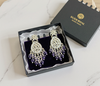 Silver-Plated Kundan Chandelier Earrings with Purple Beaded Drops and Floral Top -by Tessara