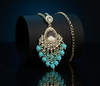 Silver-Plated Kundan Chandelier Earrings with Turquoise Blue Beaded Drops -by Tessara