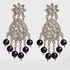 Silver-Plated Kundan Chandelier Earrings with Purple Beaded Drops and Floral Top -by Tessara