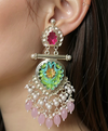 Elegant Festive Earrings with Pink, Green & Pearl Detailing-by Tessara