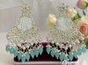 Traditional Kundan Earrings with White Pearls & Sky Blue Bead Drops-by Tessara