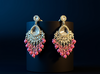 Silver-Plated Kundan Chandelier Earrings with Pink Beaded Drops -by Tessara