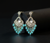 Silver-Plated Kundan Chandelier Earrings with Turquoise Blue Beaded Drops -by Tessara