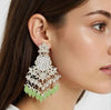 Exquisite Kundan Chandelier Earrings with White & Green Beads -by Tessara