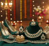 Tessara Gold-Plated Green & White Kundan Beaded Jewellery Set