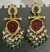 Gold-Plated Kundan Chandbali Earrings with Carved Stone & Pearls -by Tessara
