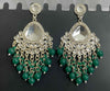 Silver-Plated Kundan Chandelier Earrings with Green Beaded Drops -by Tessara