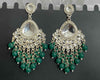 Silver-Plated Kundan Chandelier Earrings with Green Beaded Drops -by Tessara