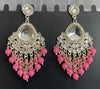 Silver-Plated Kundan Chandelier Earrings with Pink Beaded Drops -by Tessara