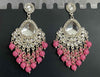 Silver-Plated Kundan Chandelier Earrings with Pink Beaded Drops -by Tessara