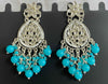 Elegant Kundan Chandelier Earrings with White & Teal Beads-by Tessara