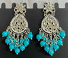 Elegant Kundan Chandelier Earrings with White & Teal Beads-by Tessara