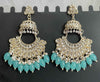 Gold Plated Kundan White Pearls Dangler Earrings Set(Sky Blue)-by Tessara