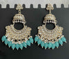 Gold Plated Kundan White Pearls Dangler Earrings Set(Sky Blue)-by Tessara