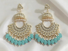 Gold Plated Kundan White Pearls Dangler Earrings Set(Sky Blue)-by Tessara