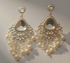 Silver-Plated Kundan Chandbali Earrings with White Pearls & Mirror Work -by Tessara