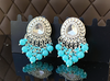 Kundan Mirror Chandbali Earrings with Sky Blue Beads -by Tessara