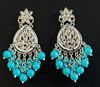 Turquoise Blue Kundan Dangle Earrings with Silver Finish -by Tessara