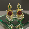 Gold-Plated Kundan Chandbali Earrings with Carved Stone & Pearls -by Tessara