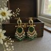 Traditional Gold & Emerald Green Chandbali Earrings with Pearls -by Tessara