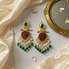 Gold-Plated Kundan Chandbali Earrings with Carved Stone & Pearls -by Tessara