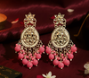 Pink Beaded Kundan Earrings with Silver Finish-by Tessara