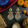 Traditional Jhumka Earrings with Green & Pearl Beads -by Tessara