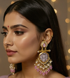 Tessara Antique Floral Engraved Pink Stone Earrings with Gold & Kundan Work -by Tessara
