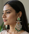 Traditional Jhumka Earrings with Green & Pearl Beads -by Tessara