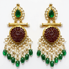 Gold-Plated Kundan Chandbali Earrings with Carved Stone & Pearls -by Tessara