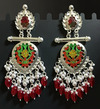Traditional Silver-Plated Jhumka Earrings with Red Drops -by Tessara