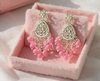 Pink Beaded Kundan Earrings with Silver Finish-by Tessara