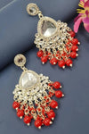 Silver-Plated Kundan Chandelier Earrings with Red Beaded Drops -by Tessara