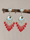 Silver-Plated Kundan Chandelier Earrings with Red Beaded Drops -by Tessara