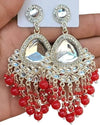Silver-Plated Kundan Chandelier Earrings with Red Beaded Drops -by Tessara