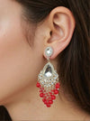 Silver-Plated Kundan Chandelier Earrings with Red Beaded Drops -by Tessara