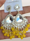 Silver-Plated Kundan Chandelier Earrings with Yellow Beaded Drops-by Tessara