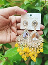 Silver-Plated Kundan Chandelier Earrings with Yellow Beaded Drops-by Tessara