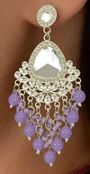 Silver-Plated Kundan Chandelier Earrings with Purple Beaded Drops -by Tessara