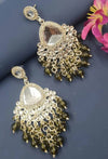 Silver-Plated Kundan Chandelier Earrings with Black Beaded Drops -by Tessara